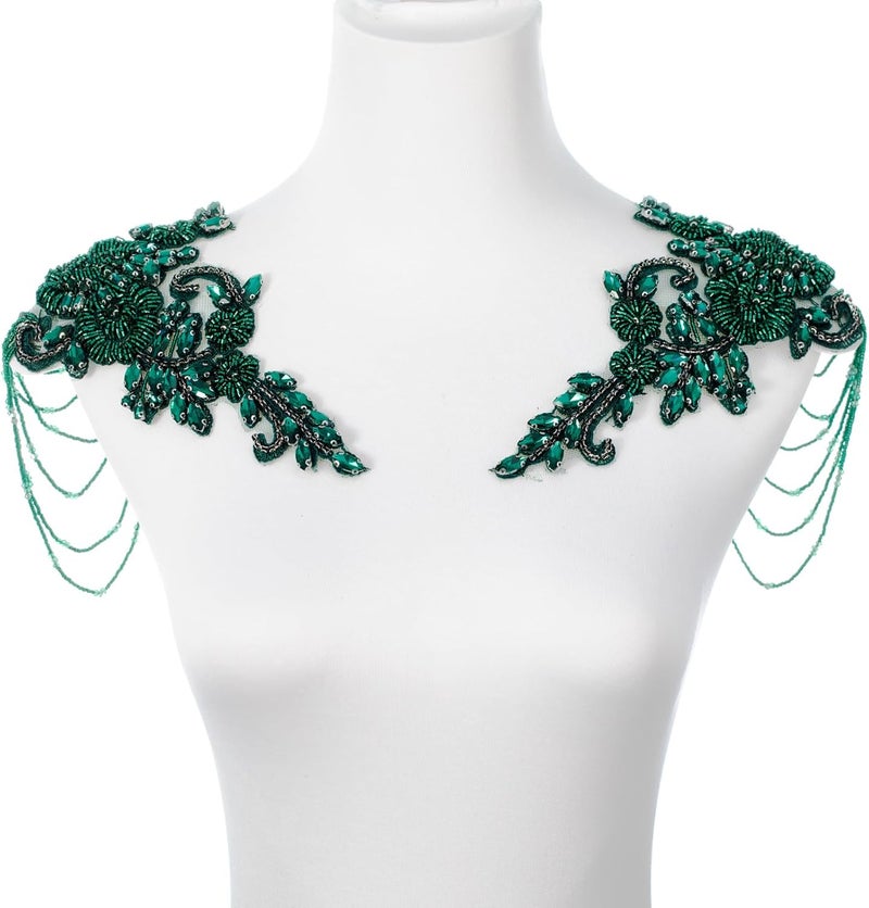 amusediy Green Pair Beaded Rhinestones Applique Embellishment for Clothes,Epaulettes Shoulder Patches Sew-on Diamond Sequin Applique for Wedding Dress DIY Accessories - Image 1